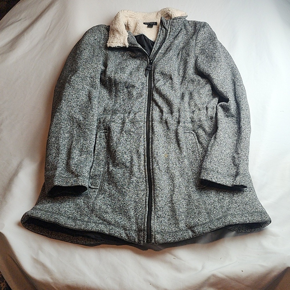 Jones New York Zip-Front Coat Heathered Gray Sherpa Collar Women's Size Large